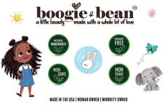 Boogie and Bean Kids Hair Oil label detail highlights natural ingredients.