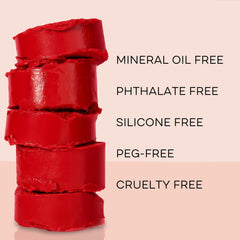 BOOM! Parisian Red on lips provides hydrating, sheer pigment for daily wear.