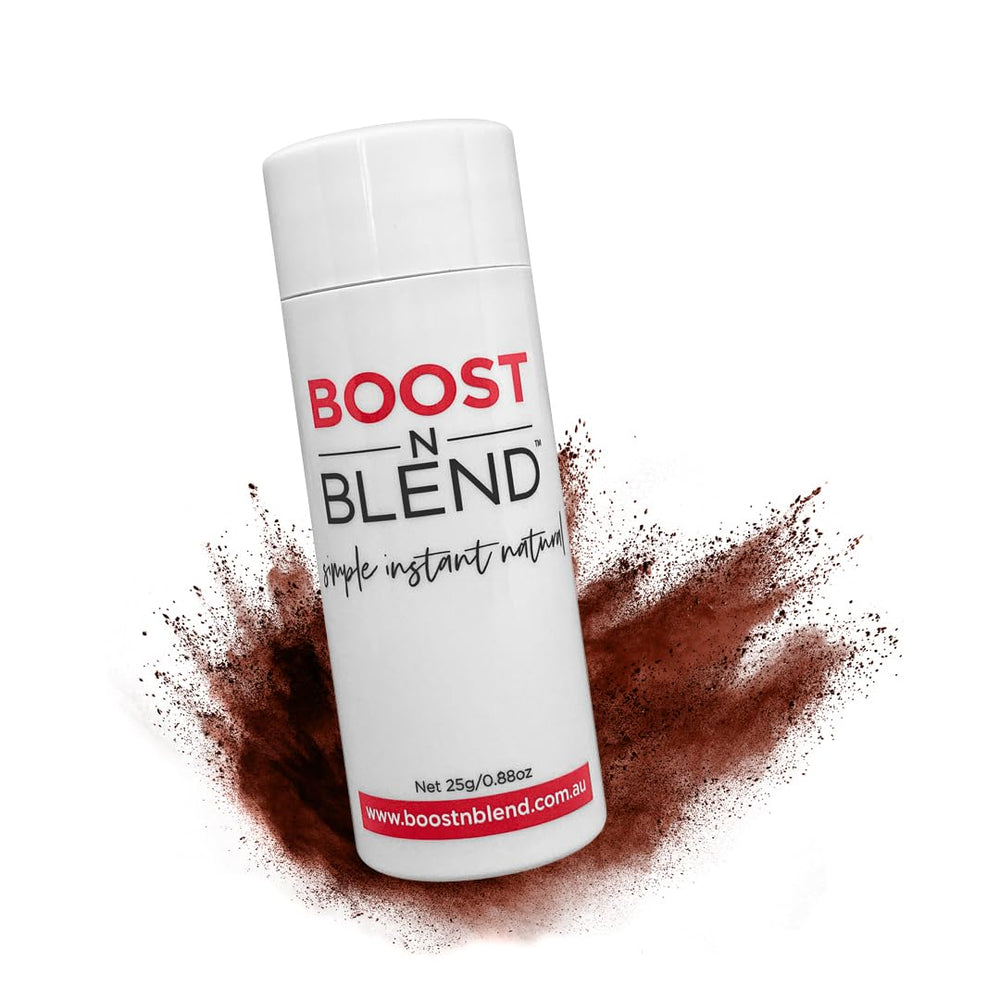 BOOST N BLEND hair fibers cover thinning areas with natural texture.
