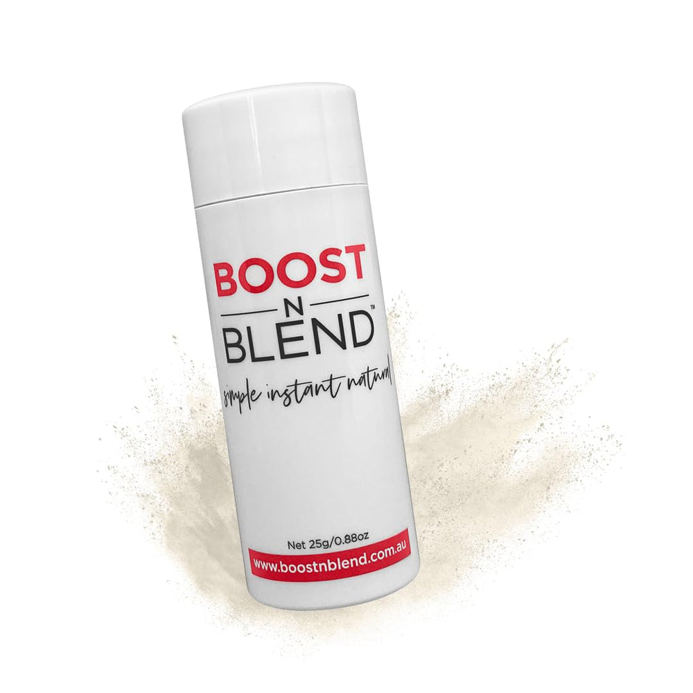 Boost N Blend scalp concealer bottle dispensing for quick thinning-area coverage.