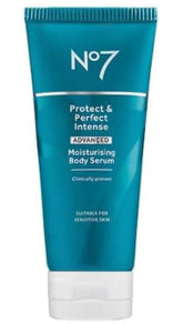 Boots No7 Protect and Perfect Body Serum packshot highlights the hydrating formula.