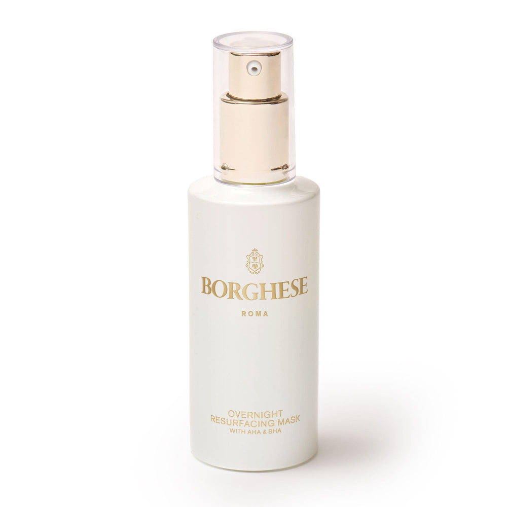 Borghese Overnight Resurfacing Mask jar on nightstand for smoother, refreshed skin by morning.
