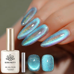 Born Pretty Blue Cat Magnetic Eye Gel Polish bottle closeup with holographic glow for eye-catching nails.