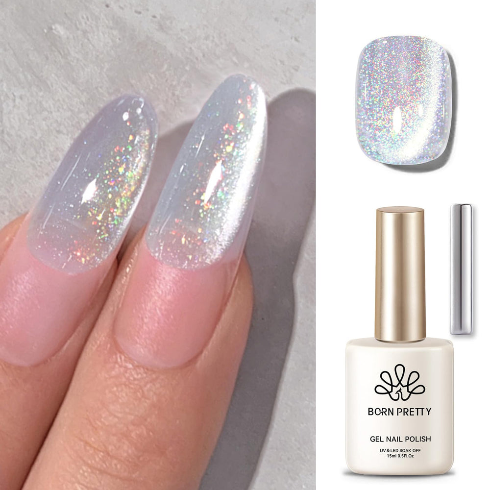 Born Pretty cat eye magnetic gel polish with white glitter showing holographic shine
