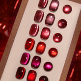 Born Pretty Christmas Red Cat Magnetic Gel Polish set swatches in rich burgundy hues.