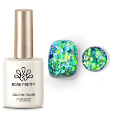 Born Pretty glitter gel nail polish bottle close-up with sequins for dazzling nails.