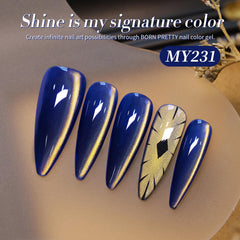 Born Pretty navy blue gel with gold shimmer highlighting holographic effects.