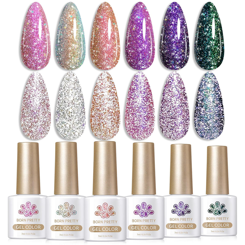 Born Pretty reflective glitter gel nail polish bottle closeup showing star-like sparkle for chic manicures.