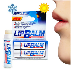 Boroleum lip balm tube close-up showing long-lasting moisture for dry lips.