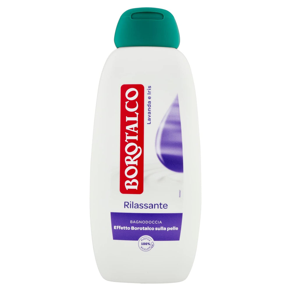 Borotalco Relaxing Body Wash bottle with lavender-iris scent for calm mornings