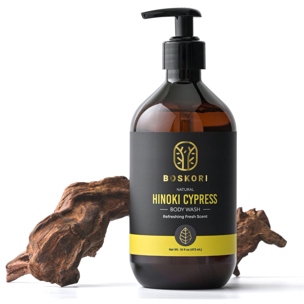BOSKORI Hinoki body wash bottle shown for daily cleansing.