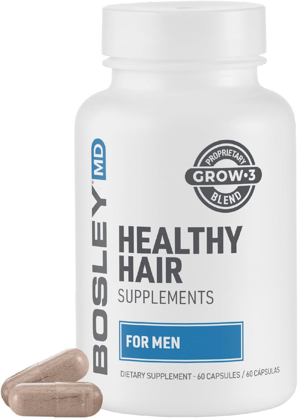 BosleyMD Men’s Hair Growth Supplements bottle highlighting the DHT-blocking formula for thicker hair.
