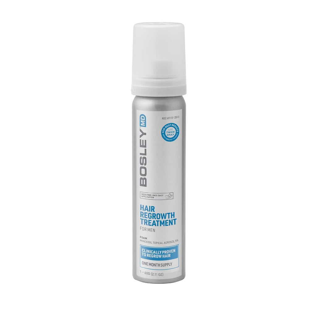 BosleyMD Minoxidil foam bottle shows easy application for thinning hair