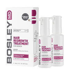 BosleyMD Minoxidil Women spray bottle in hand for easy application.