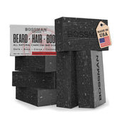 Bossman 4-in-1 charcoal soap bar packaging with lavender-patchouli scent for grooming versatility