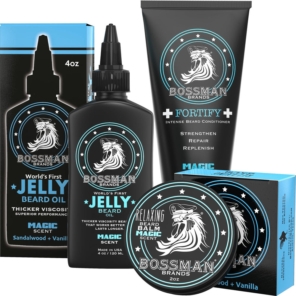 Bossman Essentials beard kit shown with all three products for daily grooming.