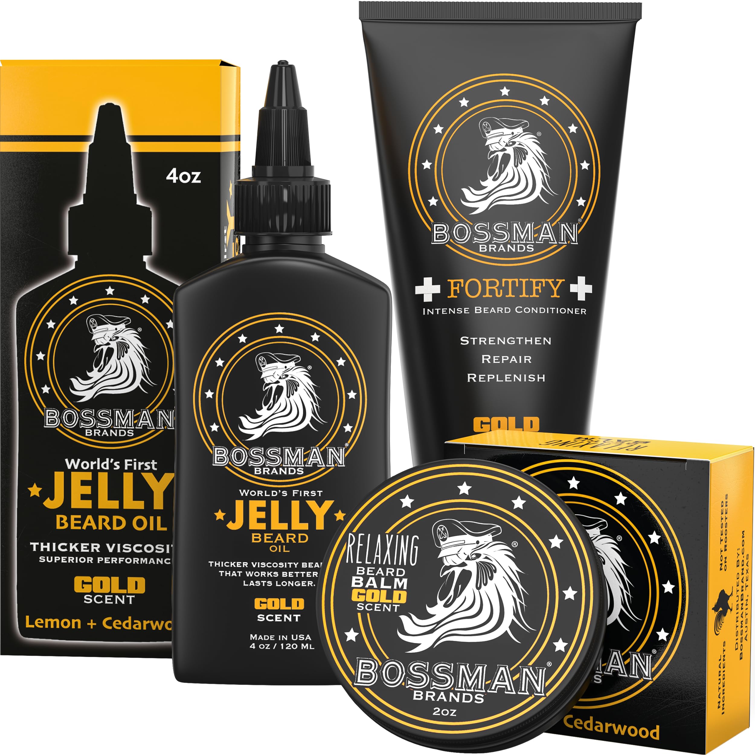 Bossman Essentials beard kit front view, three-piece set for daily grooming.