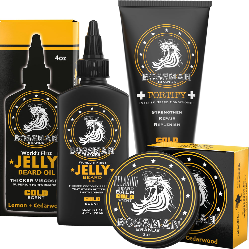 Bossman Essentials beard kit front view, three-piece set for daily grooming.