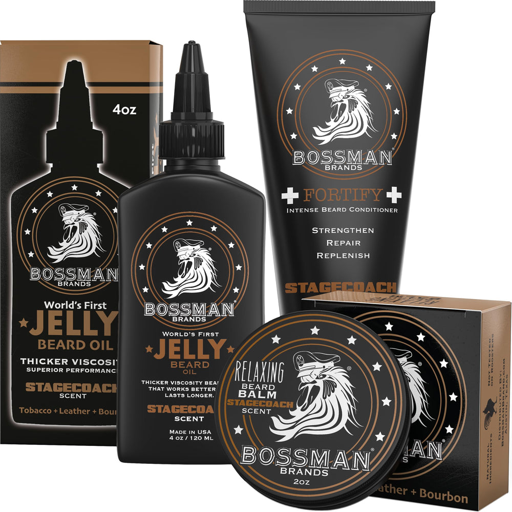 Bossman Essentials beard kit packaging on display for gifting