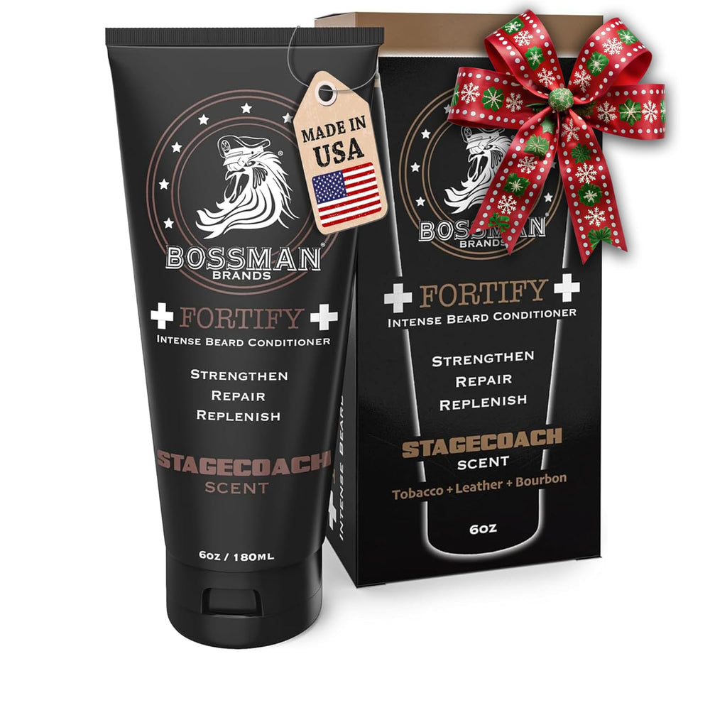 Bossman Fortify Intense Beard Conditioner bottle with Stagecoach scent for daily beard care