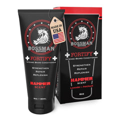Bossman Fortify beard conditioner jar highlights deep nourishment for a thicker, healthier beard