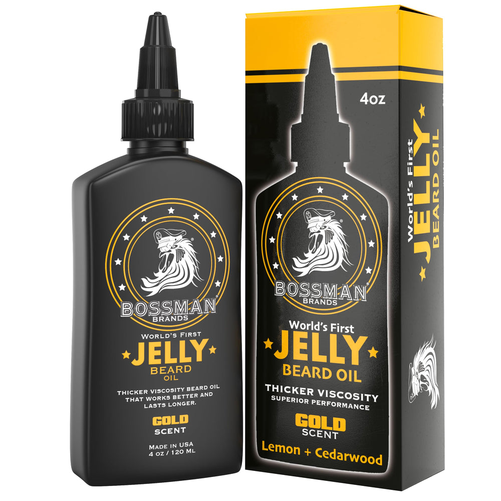 Bossman Jelly Beard Oil bottle with gold scent for daily moisture and easy grooming.