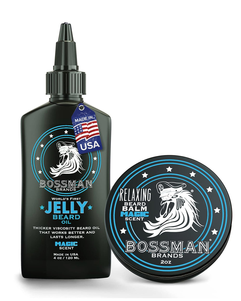 Bossman Jelly Beard Oil bottle showing a moisture-locking formula for a fuller, softer beard.
