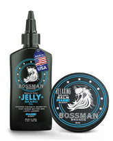 Bossman Jelly Beard Oil bottle showing a moisture-locking formula for a fuller, softer beard.