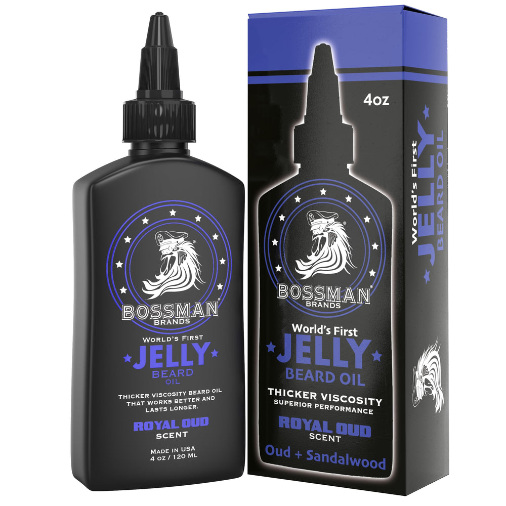 Bossman Jelly Beard Oil bottle closeup with Royal Oud scent nourishes beard