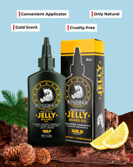 Close-up of Bossman Jelly texture showing thick, hydrating formula for fuller beard.