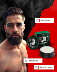 Bossman Relaxing Beard Balm ingredients label featuring mango butter and shea butter for hydration.