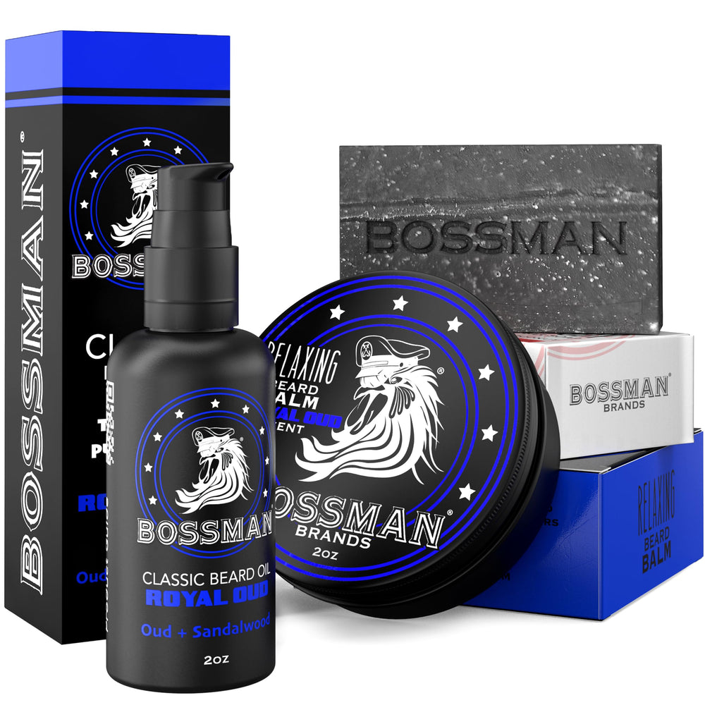 Bossman beard oil bottle for hydrated, softer beard.