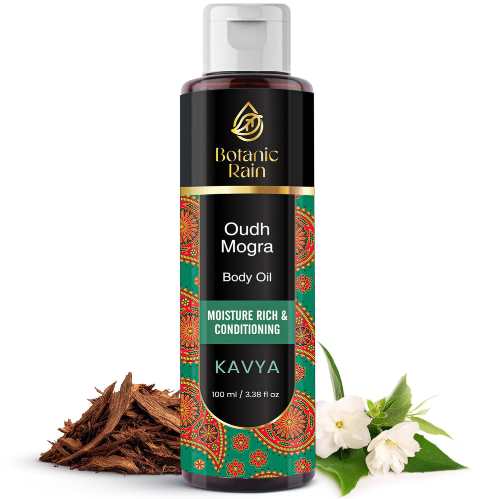 Botanic Rain Ayurveda Body Oil bottle with Oudh & Mogra ready to hydrate