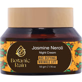 Botanic Rain Night Moisturizer jar on a vanity, rich overnight hydration for aging skin.