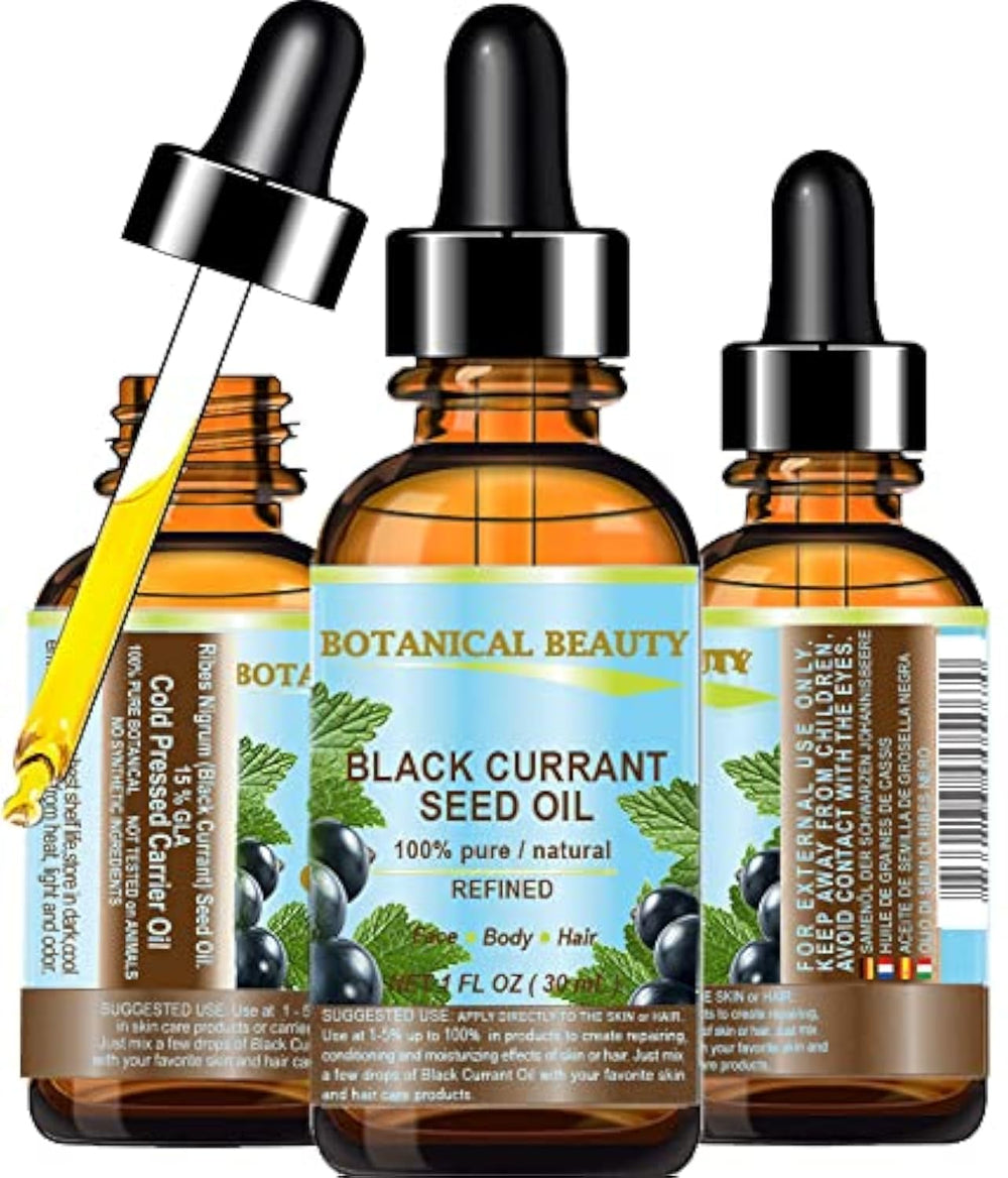 Botanical Beauty Black Currant Seed Oil bottle highlighting natural skin care benefits