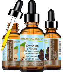 Botanical Beauty CACAY oil bottle showing fast absorption on skin.