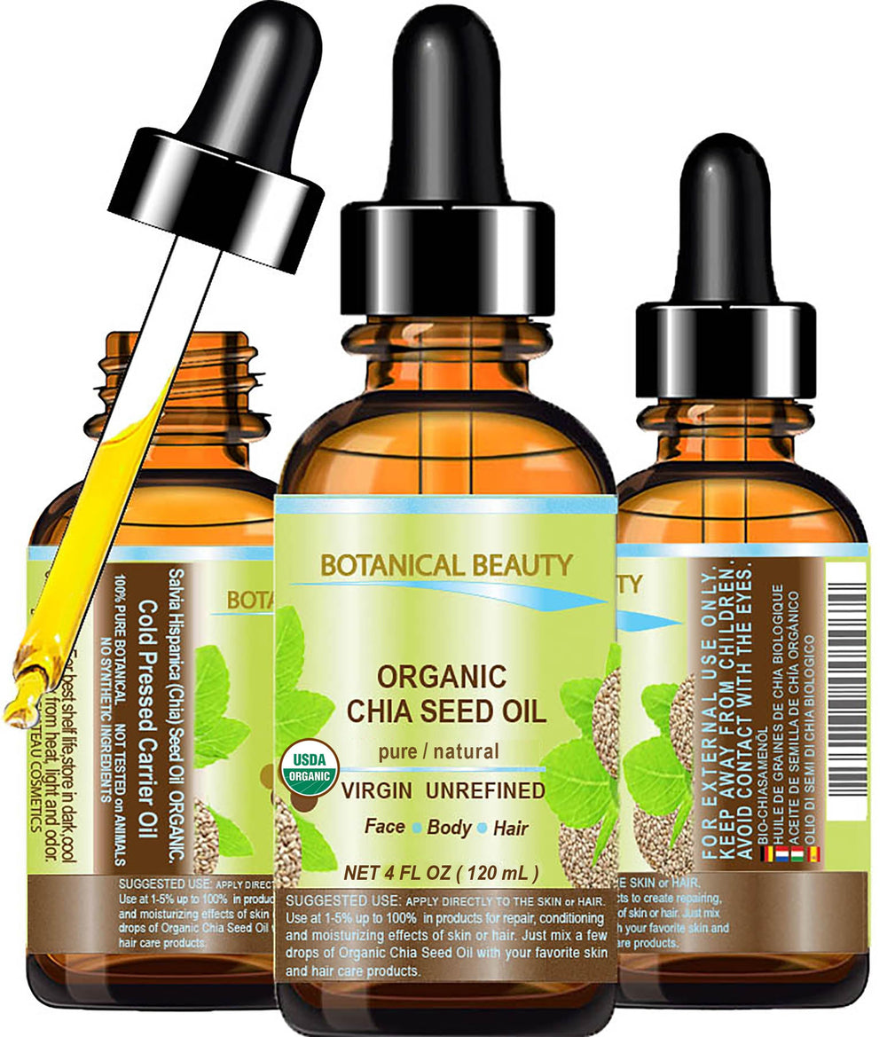 Botanical Beauty Chia Seed Oil bottle pour for lightweight daily moisture.