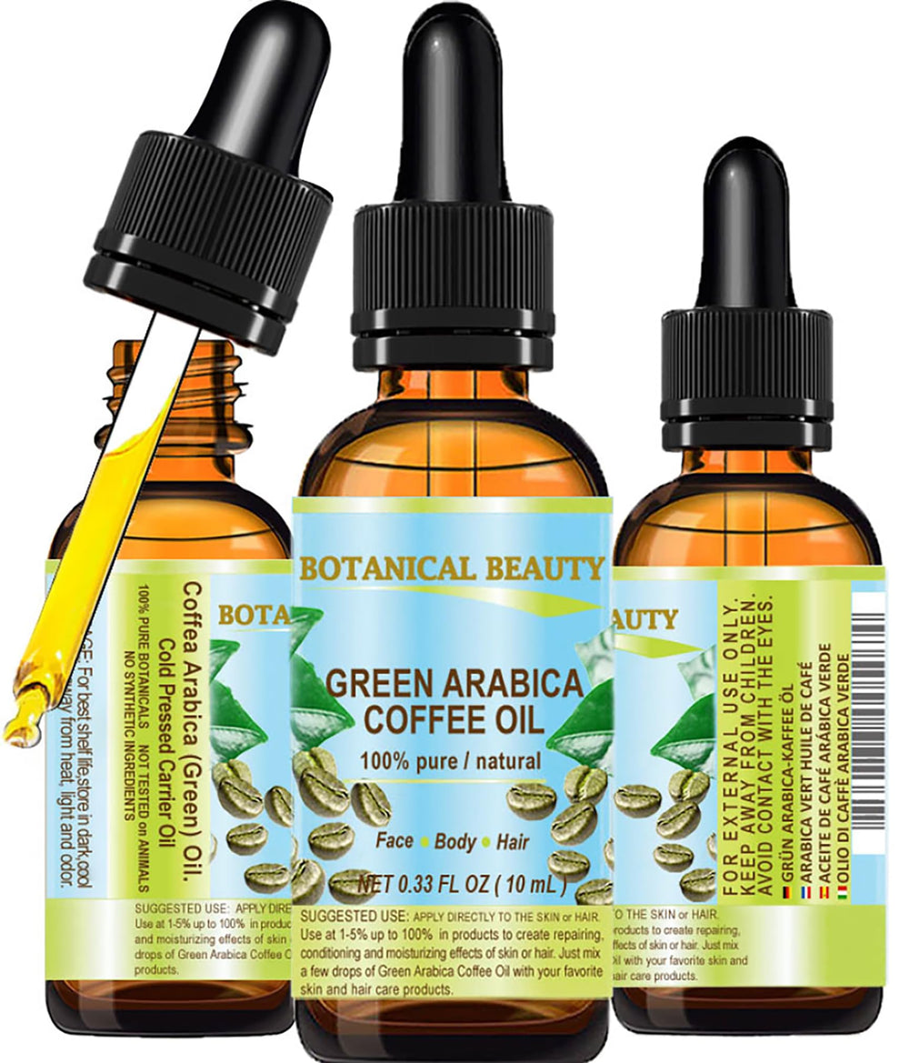 Botanical Beauty Green Arabica Coffee Oil bottle, delivering rich hydration for all skin types.