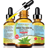 Botanical Beauty Green Tea Seed Oil bottle pour for light skin hydration.