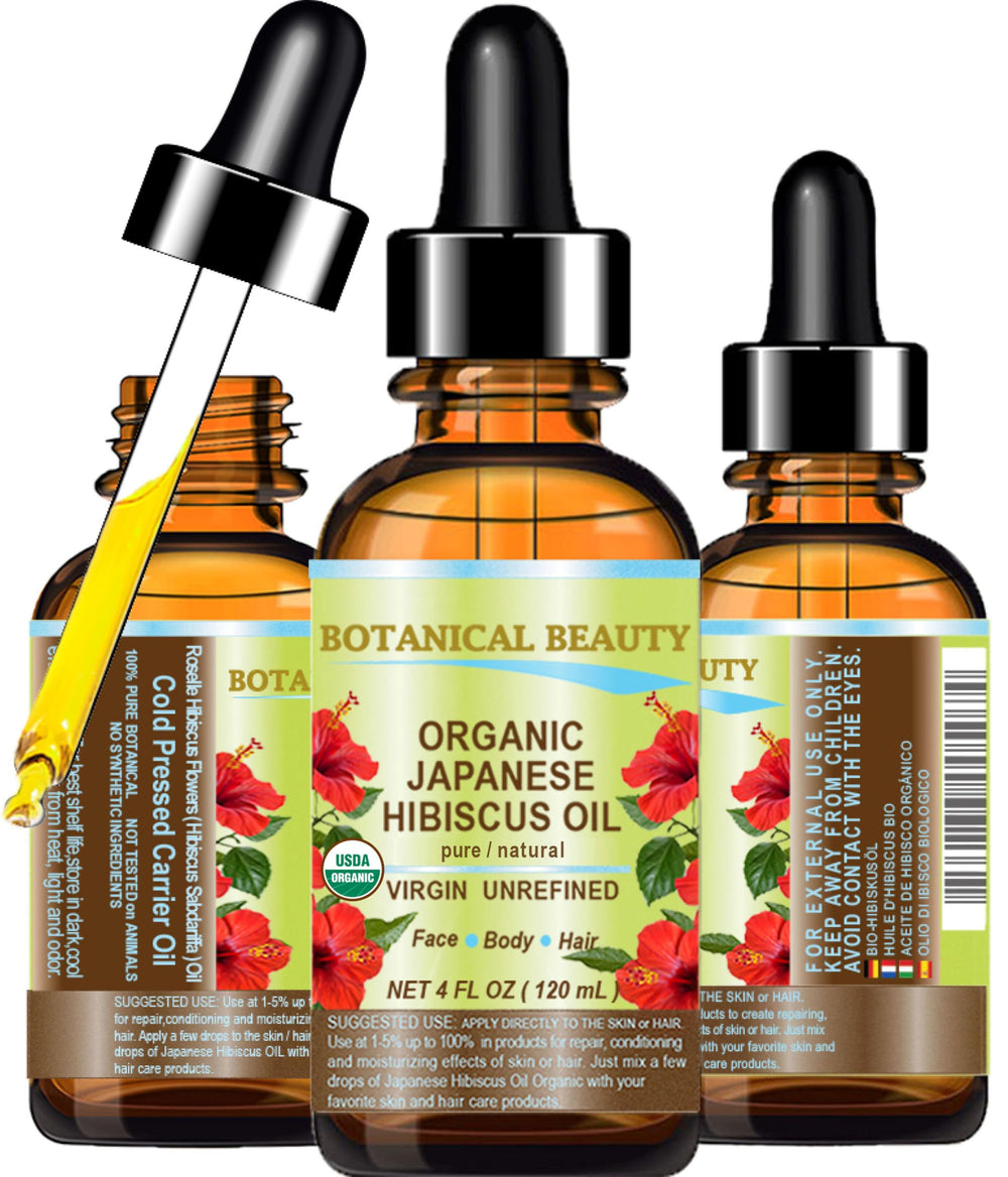 Botanical Beauty Hibiscus Oil bottle pouring, quick facial moisturizer.