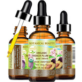Botanical Beauty Plum Oil bottle pour showing lightweight skin oil for quick absorption