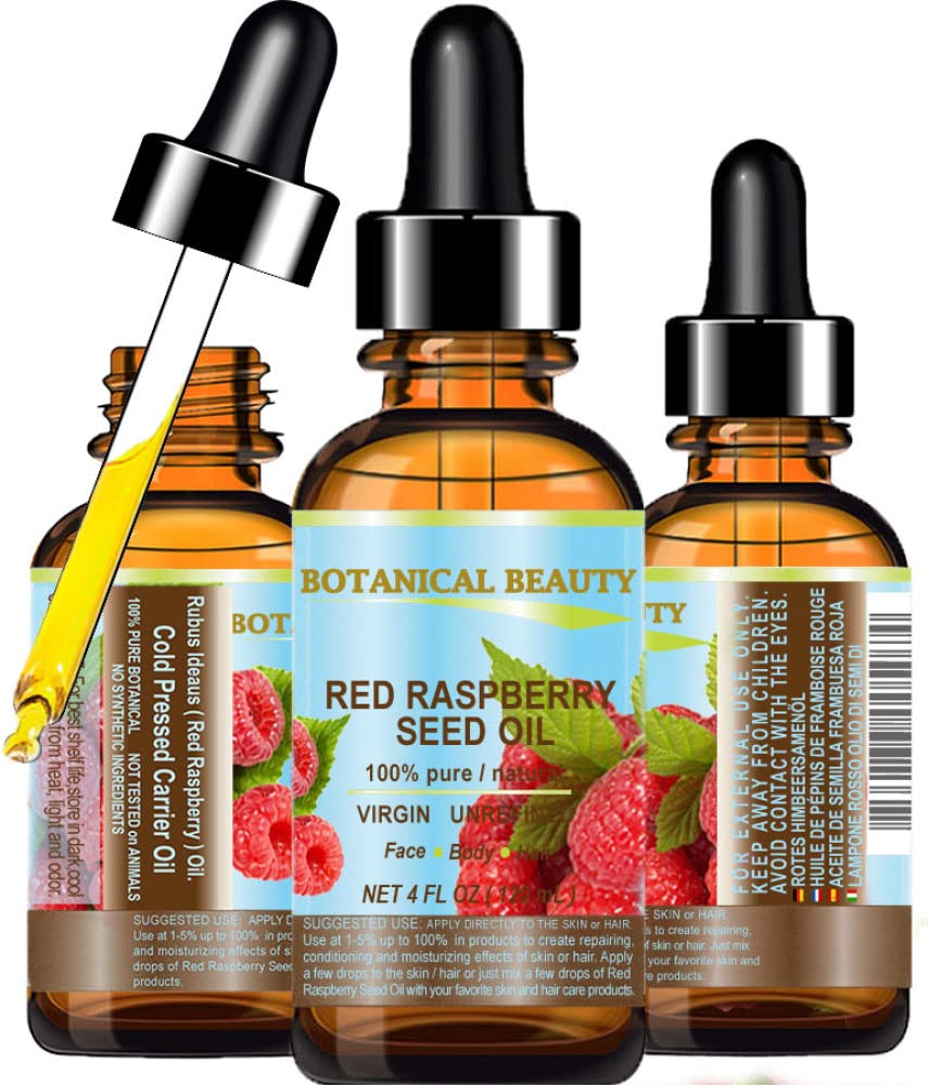Botanical Beauty Red Raspberry Seed Oil bottle showing pure, natural care for skin and hair
