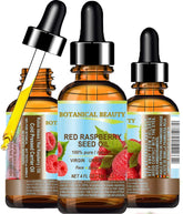 Botanical Beauty Red Raspberry Seed Oil bottle showing pure, natural care for skin and hair
