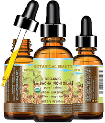 Botanical Beauty Sacha Inchi Oil bottle showing lightweight moisturizer for all skin types.
