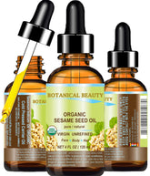 Botanical Beauty sesame seed oil bottle for daily skincare routine with nourishing texture.