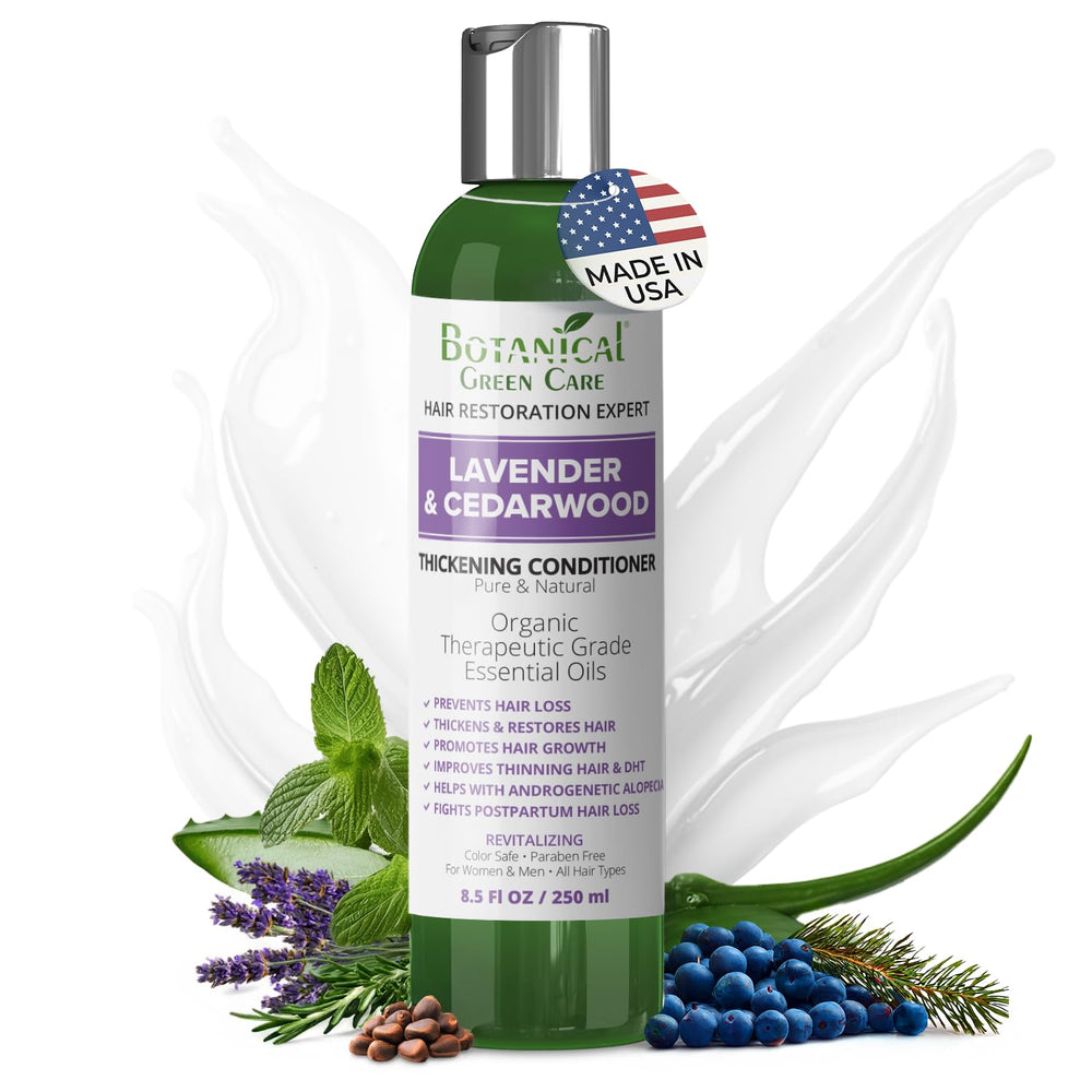 Botanical Green Care Lavender Cedarwood conditioner bottle promotes fuller, shinier hair