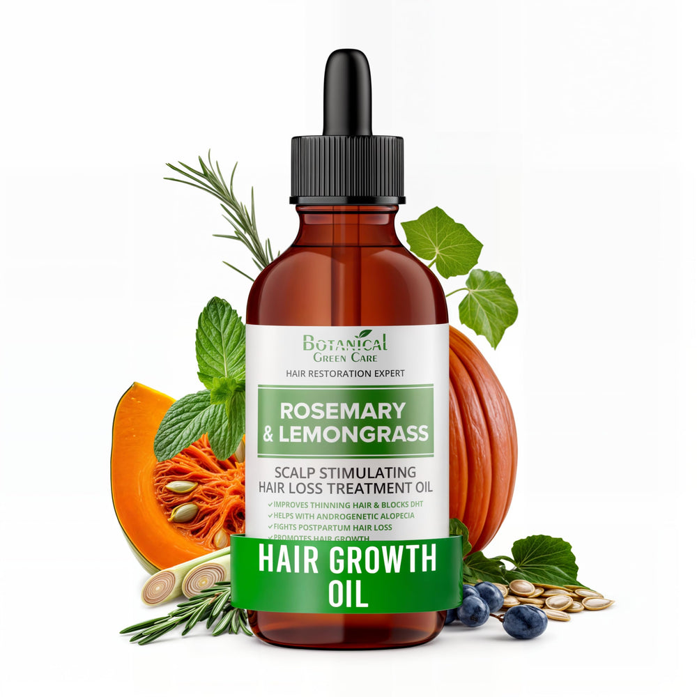 Botanical Green Care Rosemary & Lemongrass Hair Oil bottle with invigorating aroma for healthy-looking hair.