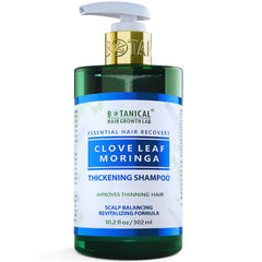 BOTANICAL HAIR GROWTH LAB shampoo bottle pouring, nourishing scalp.