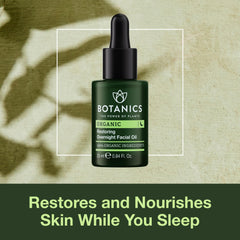 Botanics Overnight Face Oil dropper close-up highlights rosehip infusion for soft skin