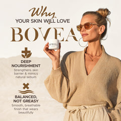 BOVEA balm jar in use for facial care application.